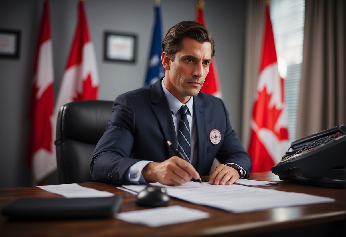 A Canadian immigration agent processing paperwork at a desk with a flag in the background