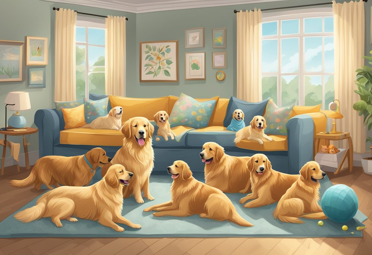 13 golden retrievers are groomed and fed in a spacious, well-lit room with comfortable beds and toys scattered around