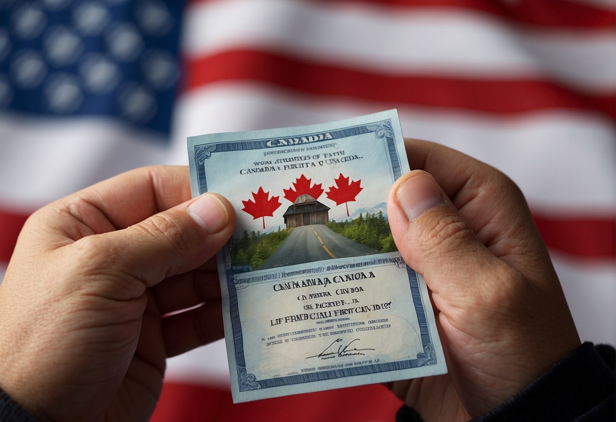 A person holding a Canadian work permit, with a maple leaf symbol and "Immigration Canada" written on it, standing in front of a Canadian flag