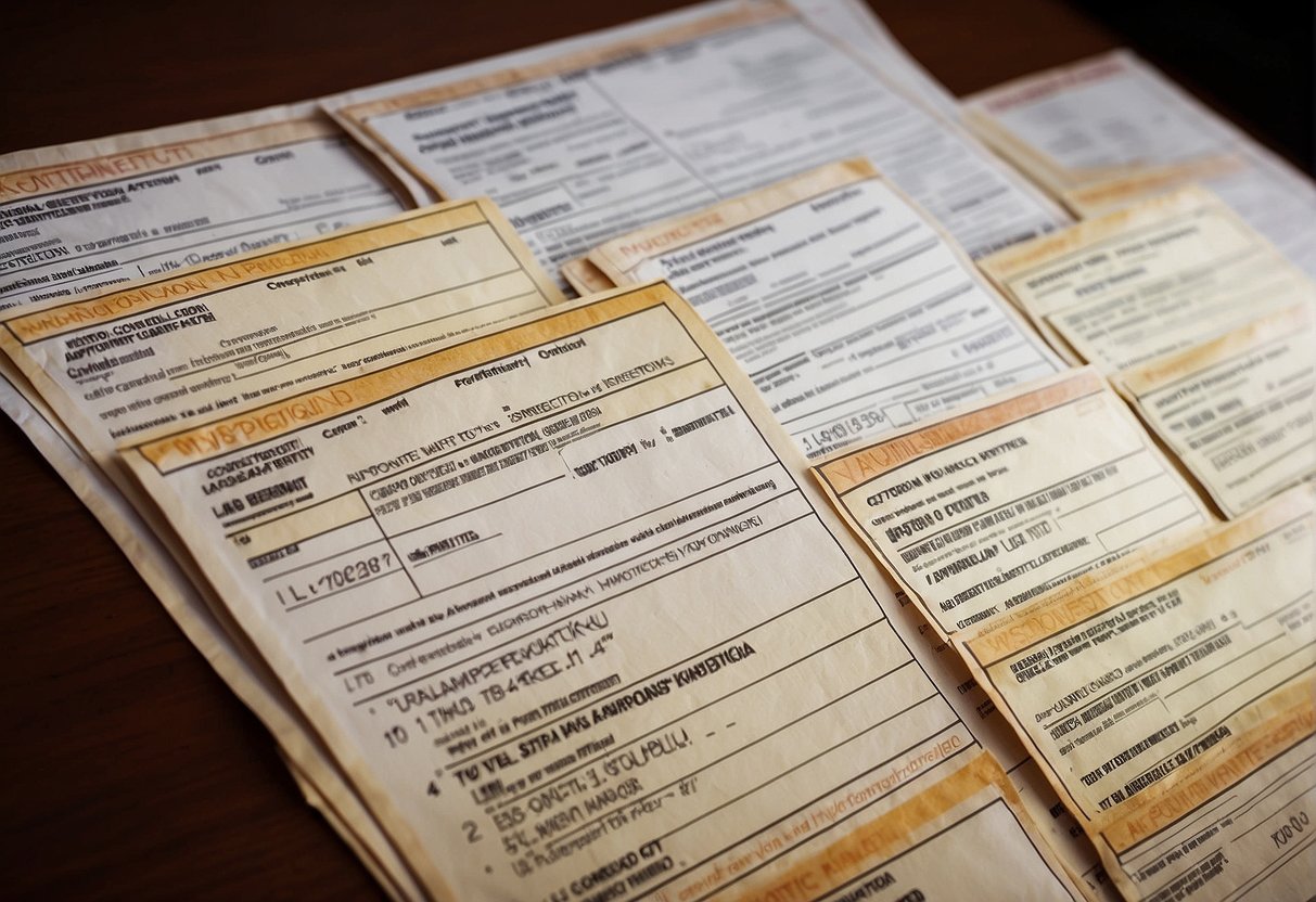 Various work permits displayed with their corresponding conditions, such as duration and restrictions. The permits are arranged neatly on a desk or table for easy reference