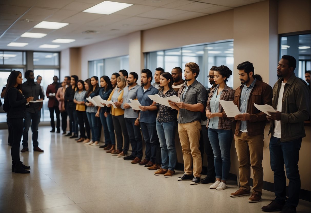 A group of people standing in line at an immigration office, holding documents and waiting to have their rights and responsibilities explained by Canadian officials
