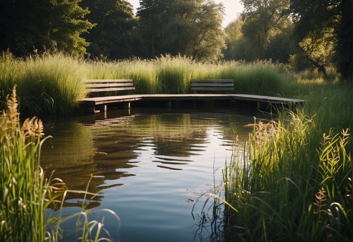 A tranquil fishing hole nestled among lush trees and reeds, with a rippling stream and a wooden dock extending into the water