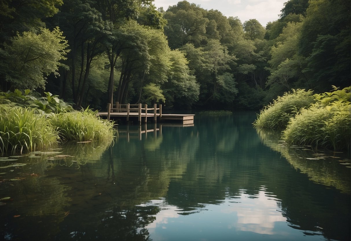 A serene fishing hole surrounded by lush greenery, with a calm, rippling water surface and a wooden dock extending into the water