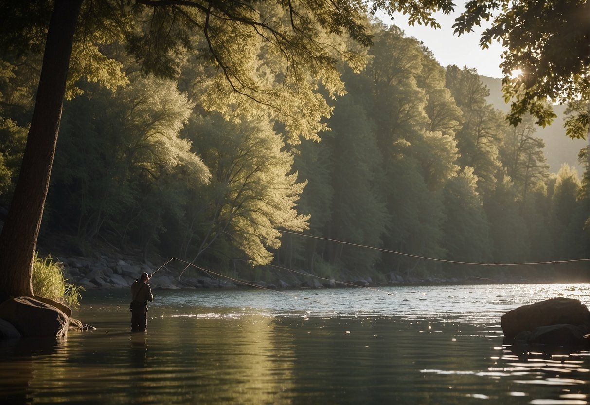 Fisherman casting line into calm water, surrounded by trees and rocks. Sunlight reflects off the surface, creating a serene atmosphere