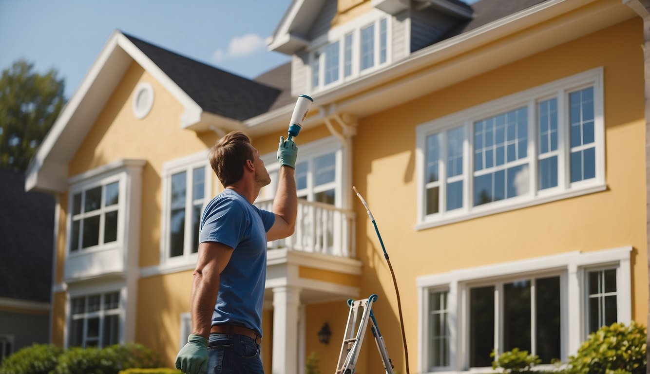 A sunny day with a house exterior being painted using Sherwin Williams paints