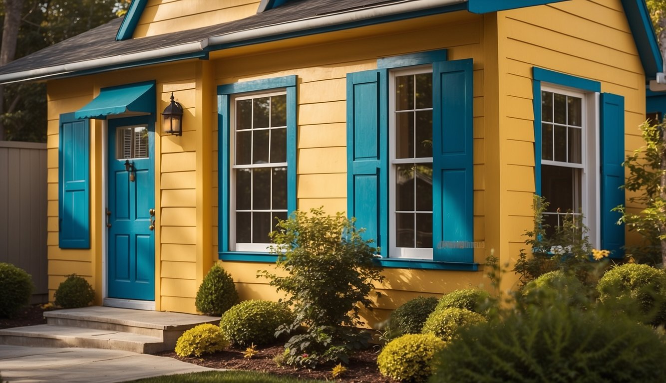 A sunny day with a neatly painted house exterior using Sherwin Williams paints. The colors are vibrant and the finish is smooth, showcasing the durability and quality of the paint