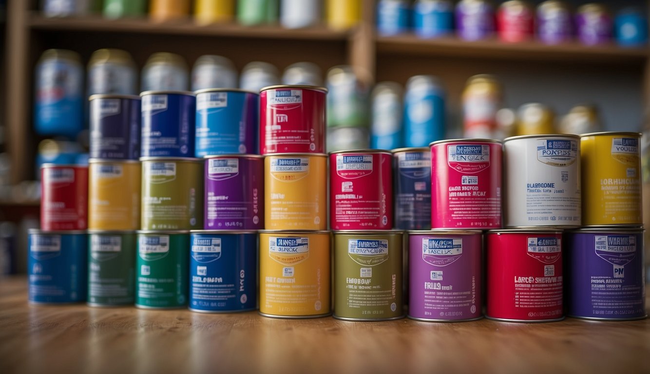 A homeowner stands in front of a row of colorful Sherwin-Williams paint cans, examining labels for the best exterior house painting product