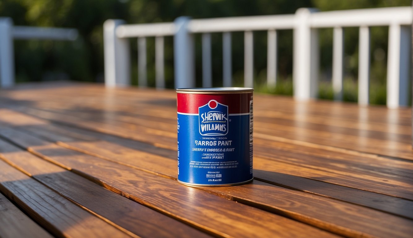 A can of Sherwin Williams exterior house paint sits on a wooden deck, surrounded by various wood and deck stains