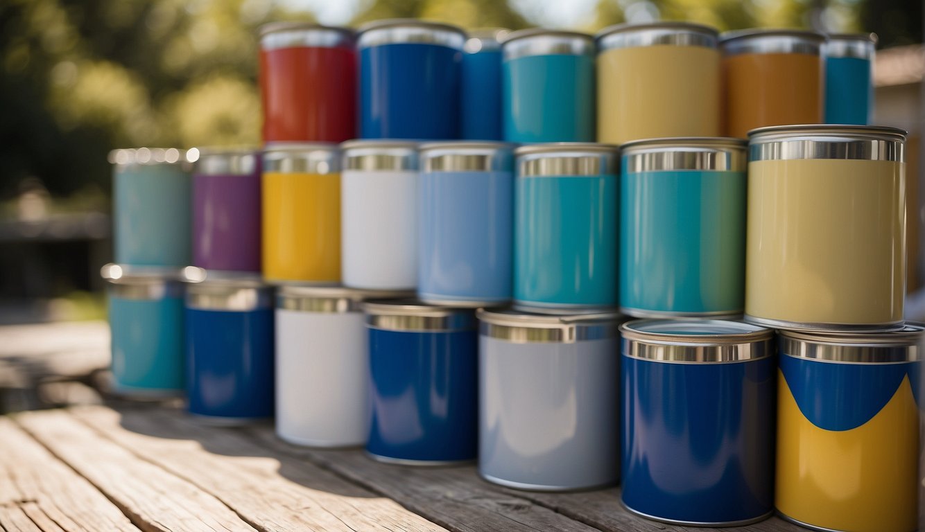 A sunny day with a clear blue sky, a house with peeling paint, and a variety of Sherwin Williams exterior paint cans lined up for selection
