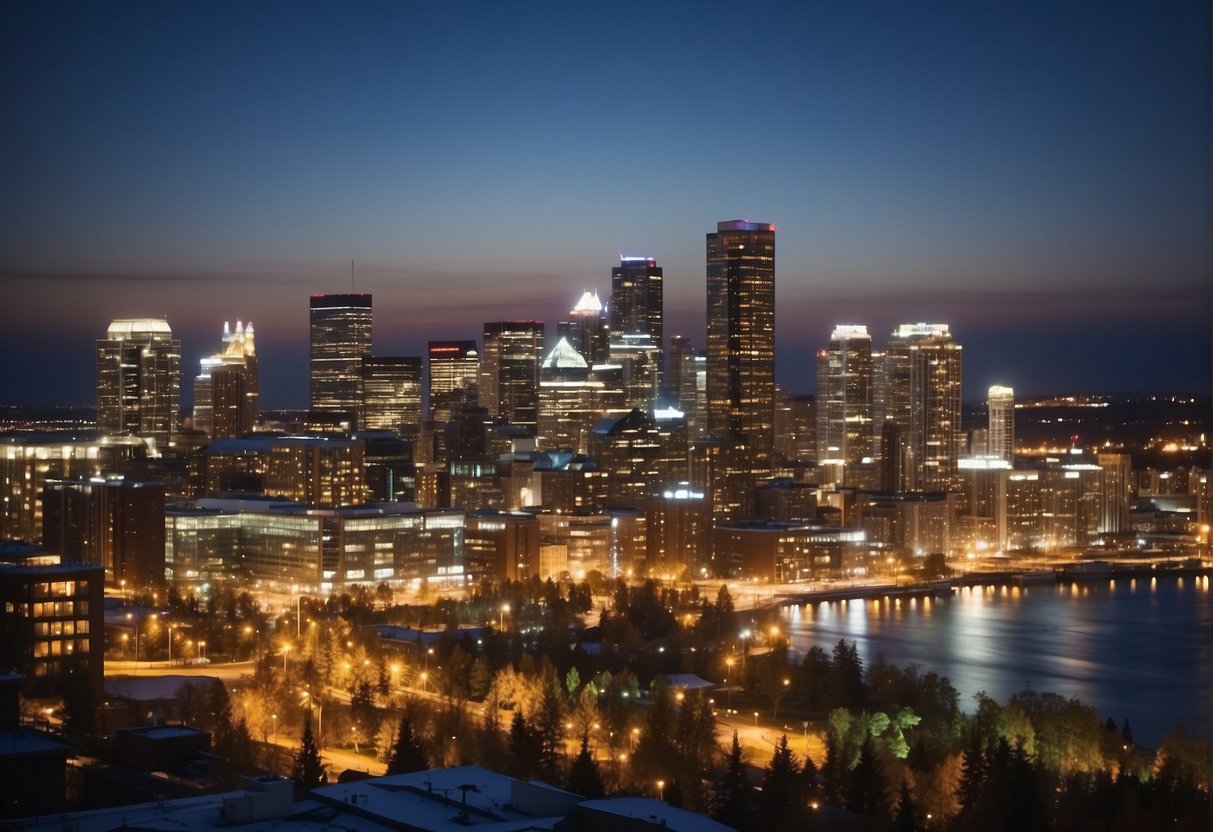 A bustling Canadian city skyline with various job sectors such as technology, healthcare, and finance, showcasing the high demand for immigrant workers