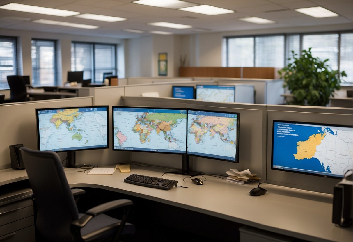 A bustling office with maps of Canada on the walls, a desk with a computer and phone, and a whiteboard displaying job opportunities for immigration consultants