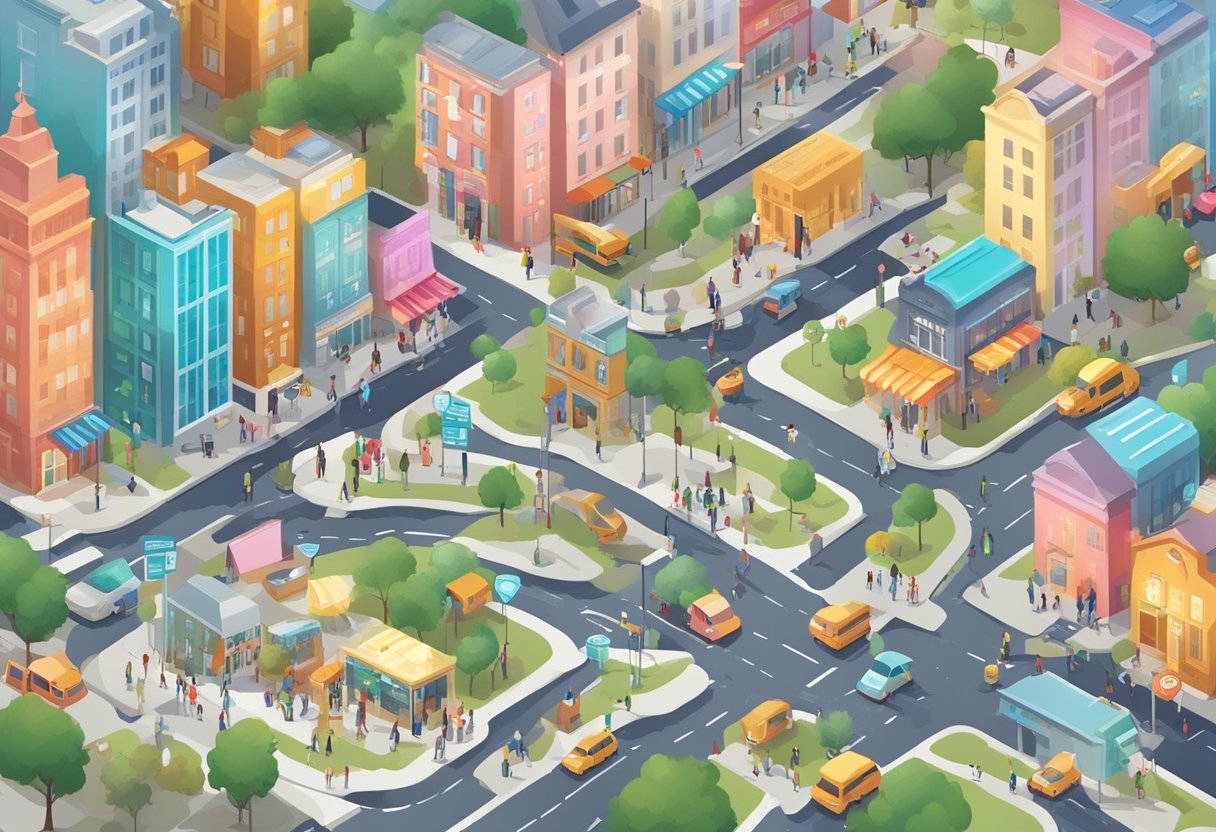 A bustling city street with local businesses, each with vibrant signage and bustling foot traffic. Maps and location pins highlight the area, while digital devices show search results for local services