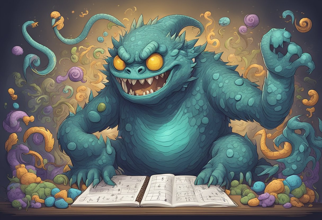 A monstrous creature solving complex math problems with a menacing grin, surrounded by swirling equations and intimidating symbols