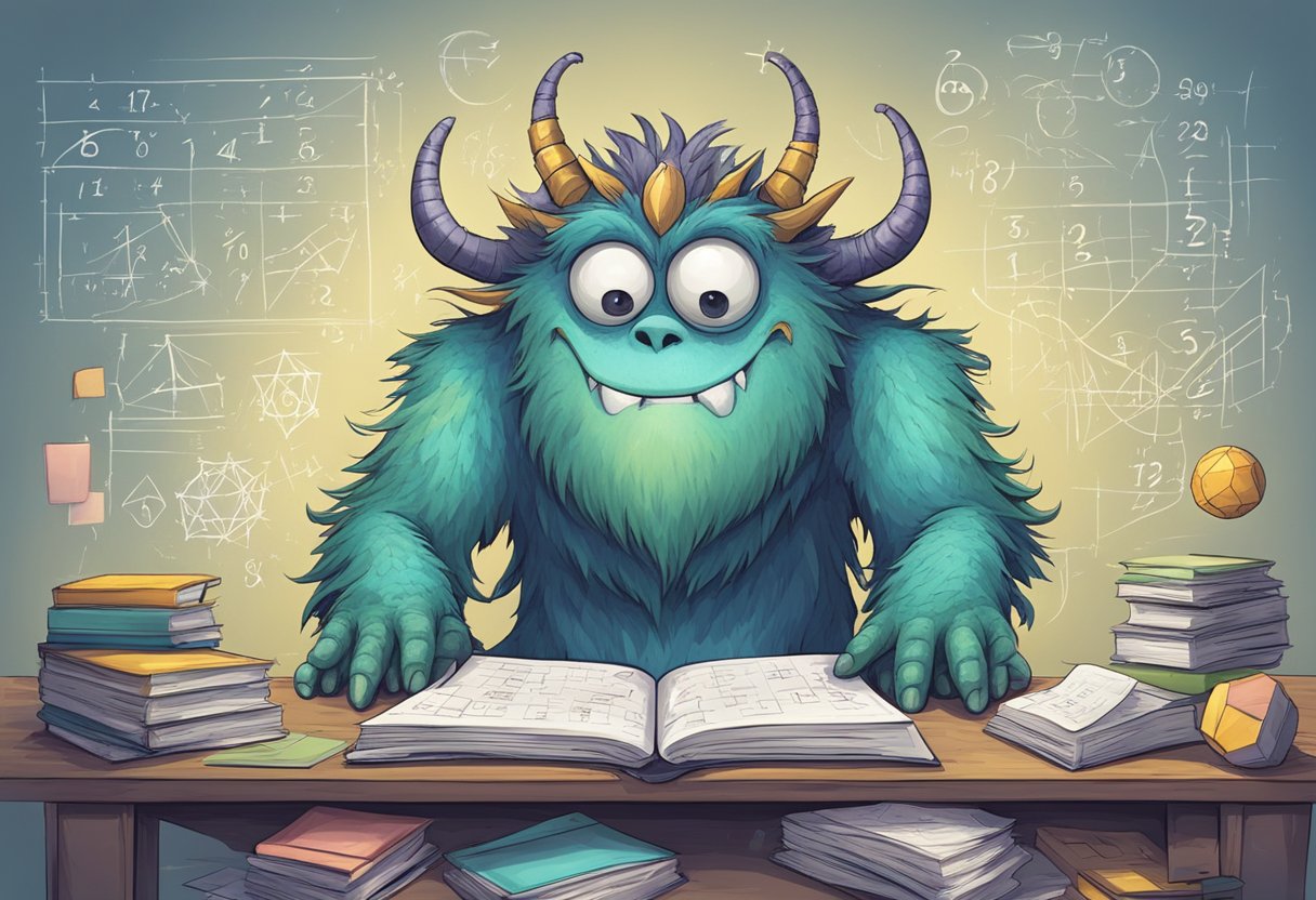 A monster confidently solving tricky math problems, surrounded by numbers and equations, with a determined expression on its face