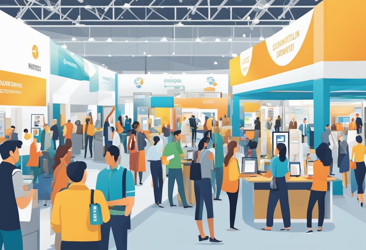 A bustling trade show floor with booths and banners, attendees engaged in networking and browsing products, a vibrant atmosphere of business growth and opportunity