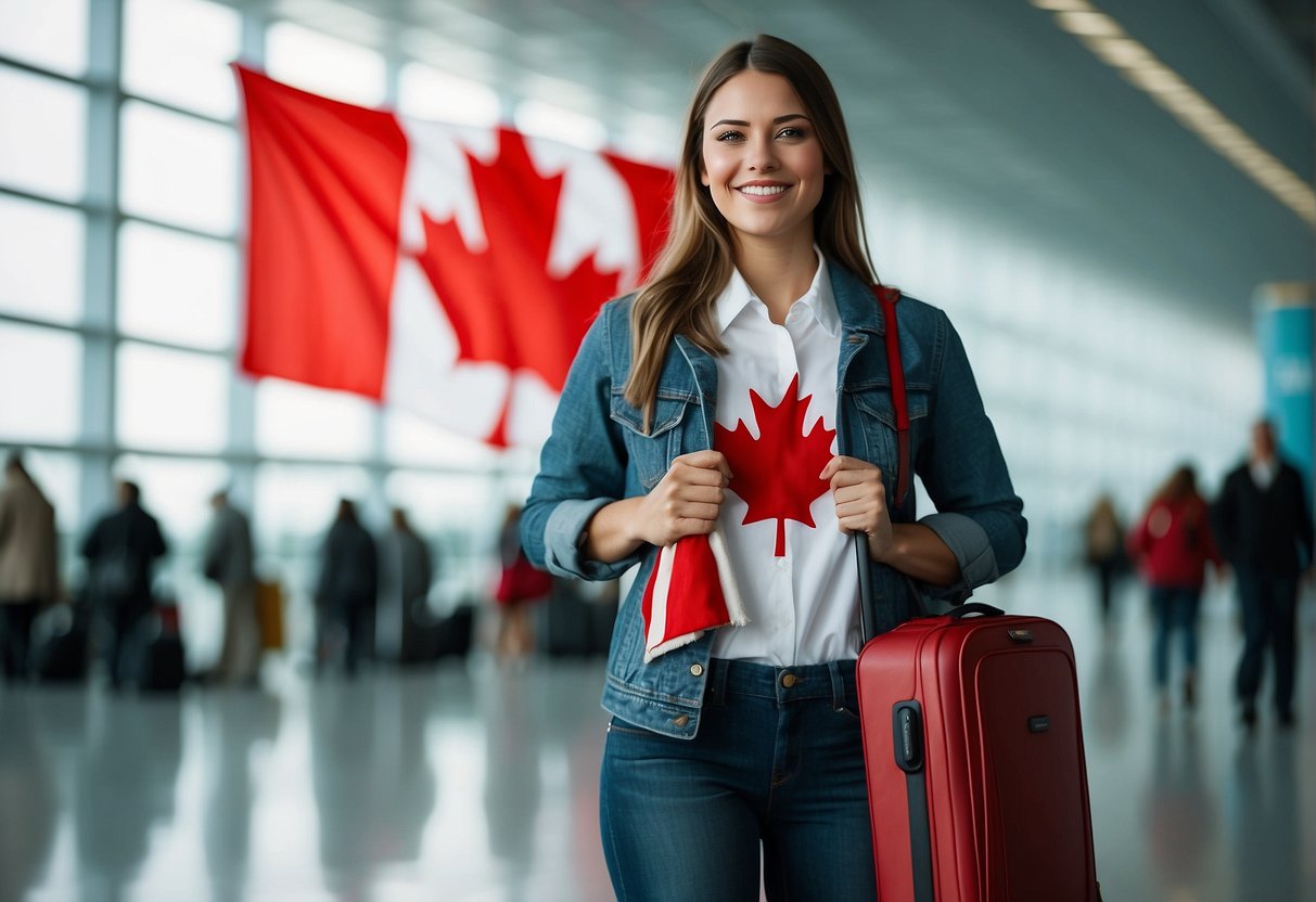 A student with a suitcase stands in front of a Canadian flag at the airport, smiling with excitement