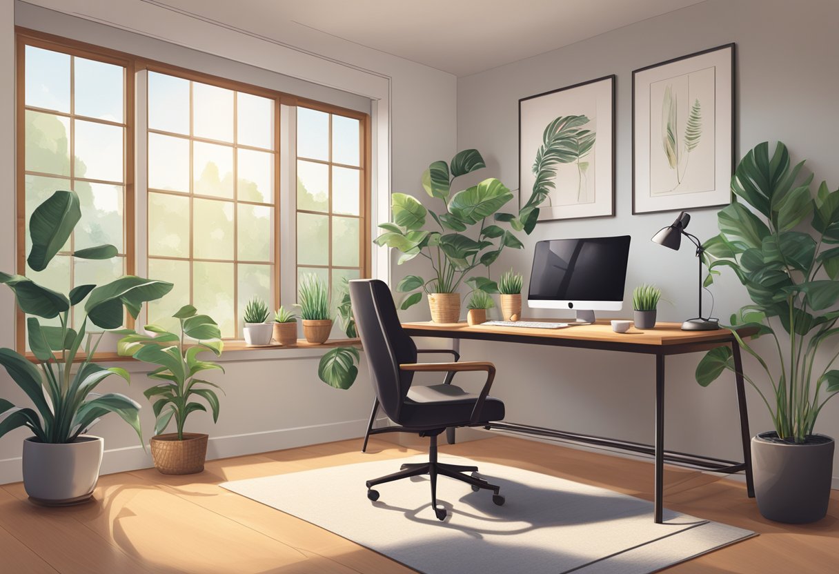 A cozy home office with a computer, desk, chair, and plants. A window lets in natural light, and a cup of coffee sits on the desk