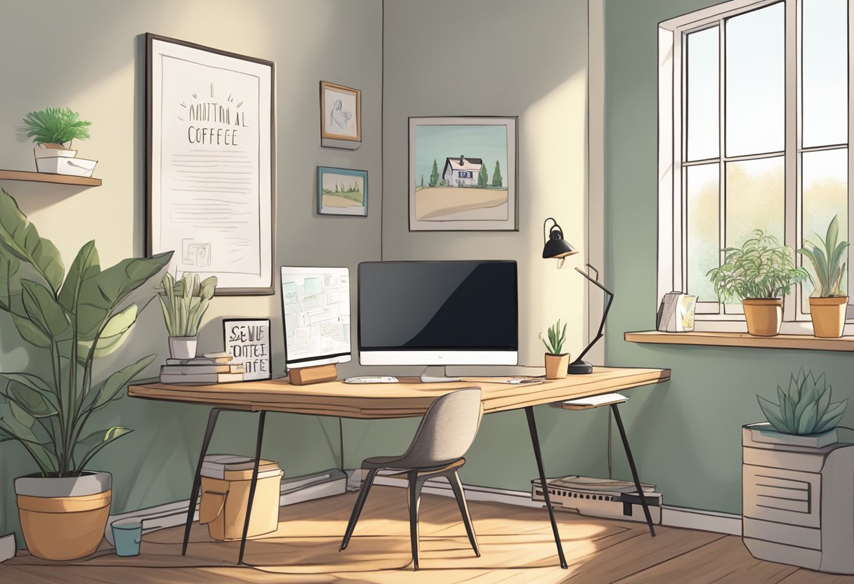 A cozy home office with a desk, computer, and motivational posters. A bright window lets in natural light, and a cup of coffee sits on the desk