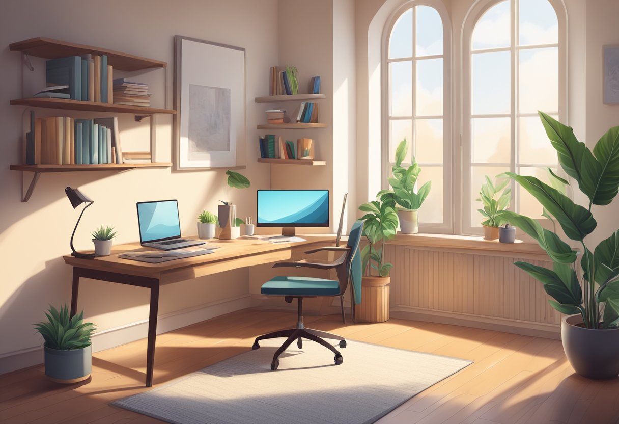 A cozy home office with a desk, computer, and comfortable chair. A window with natural light and a plant on the desk. Books and a cup of coffee nearby