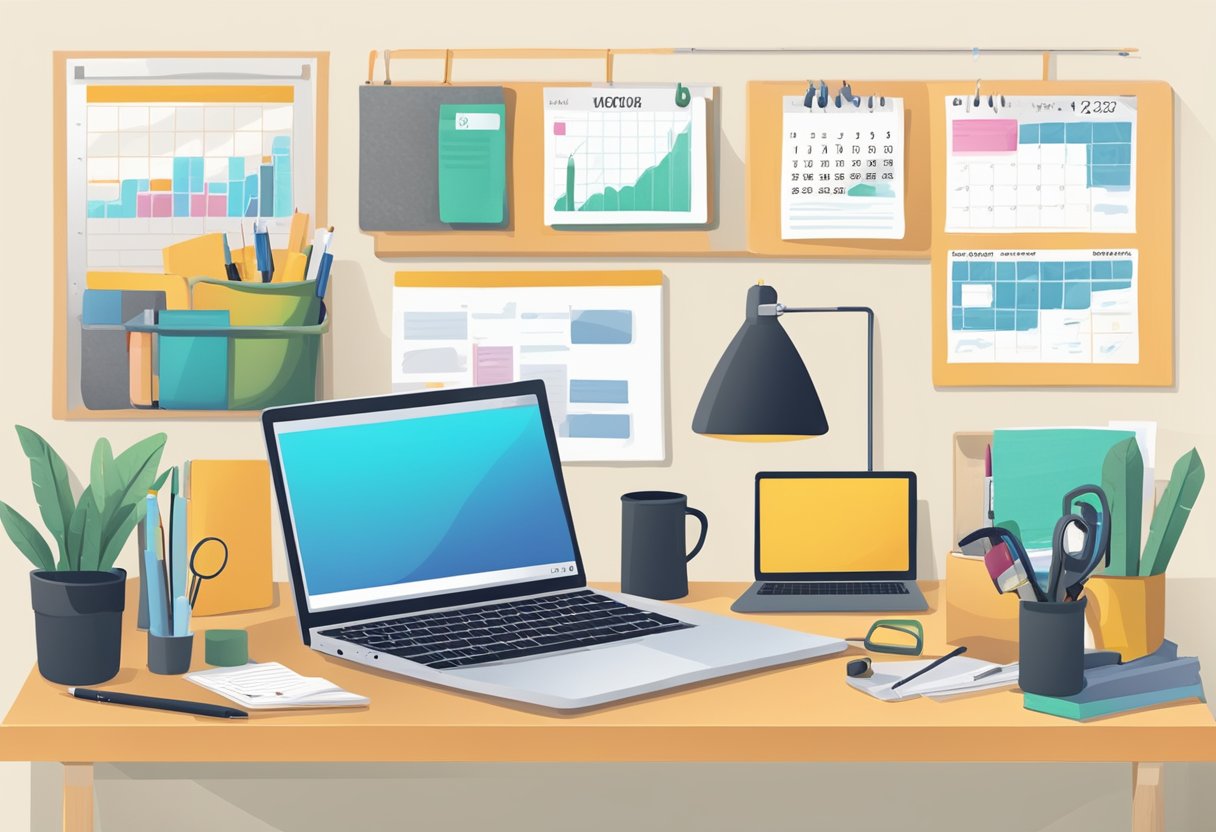 A laptop surrounded by various industry-specific tools and resources, with a calendar and to-do list on the wall, showcasing the best work from home websites