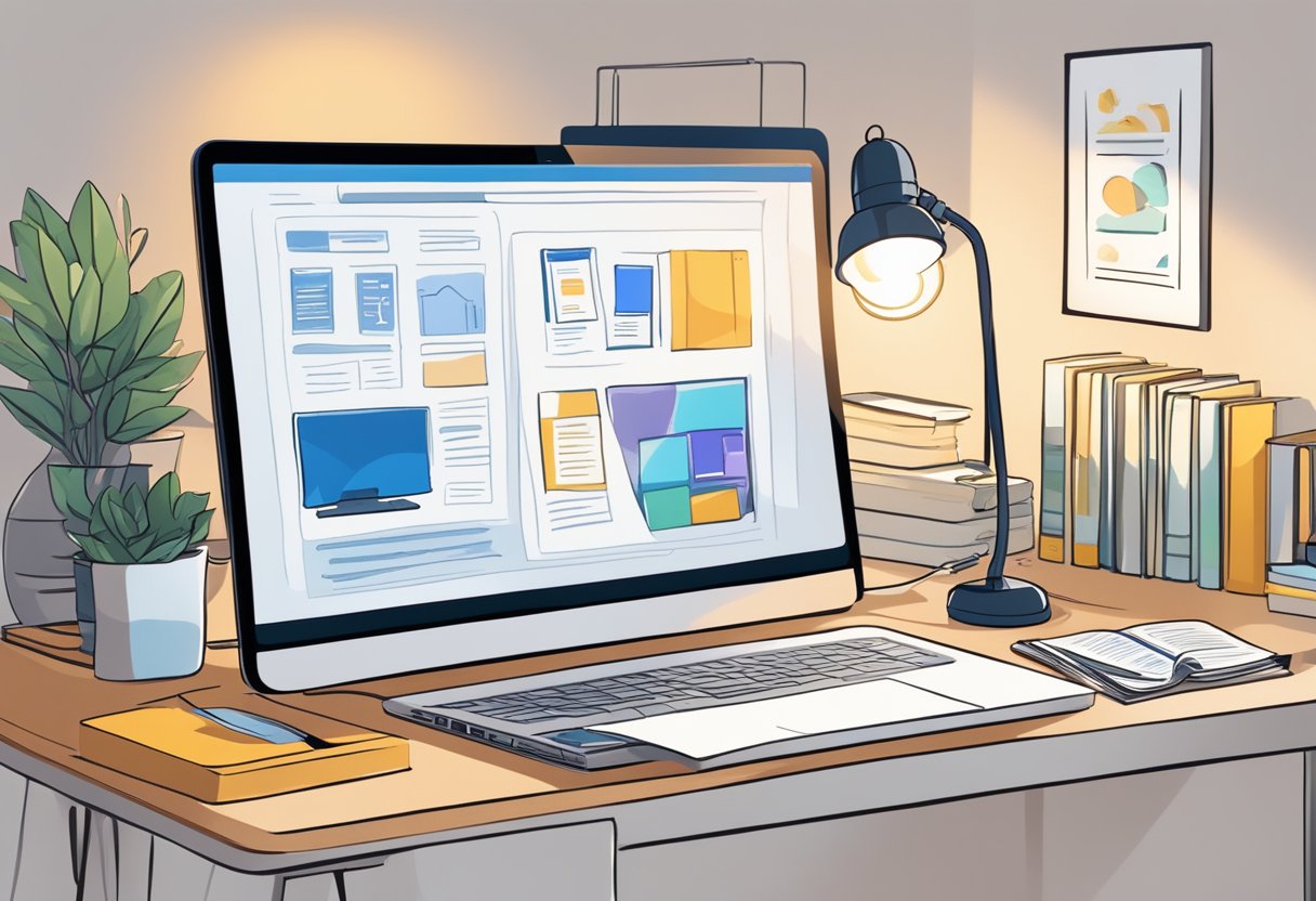 A laptop surrounded by various work from home websites displayed on the screen. A desk lamp illuminates the scene, creating a cozy work environment