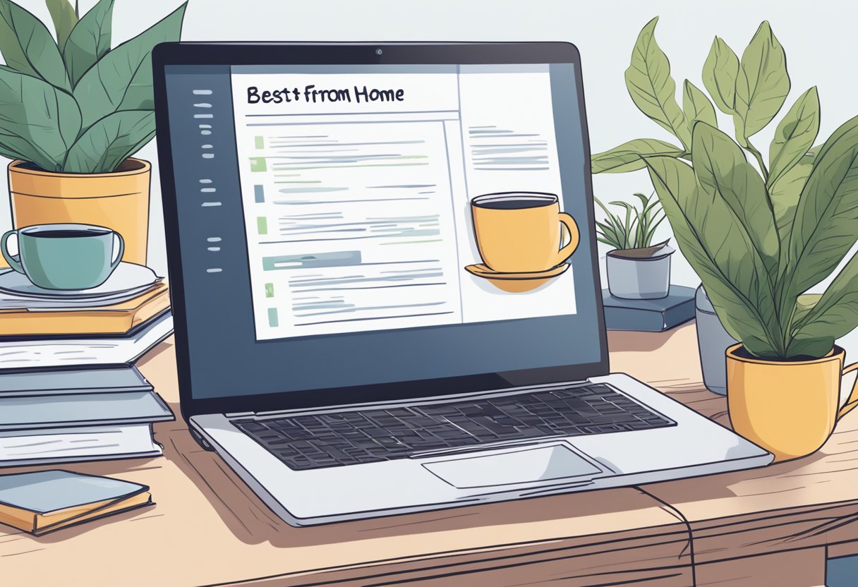 A laptop on a desk with a stack of books, a plant, and a cup of coffee. A computer screen displays a list of "15 Best Work From Home Websites."