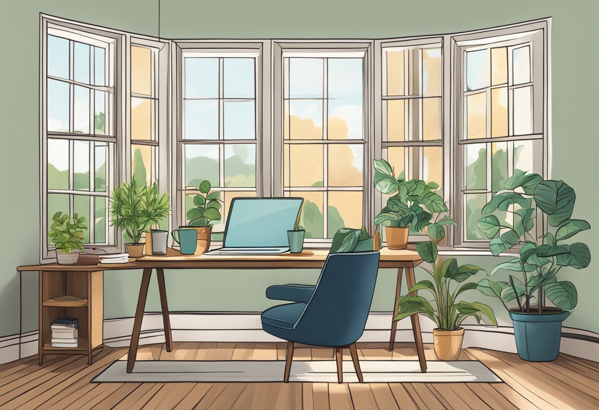 A cozy home office with a laptop, coffee mug, and plants. A window reveals a peaceful outdoor scene