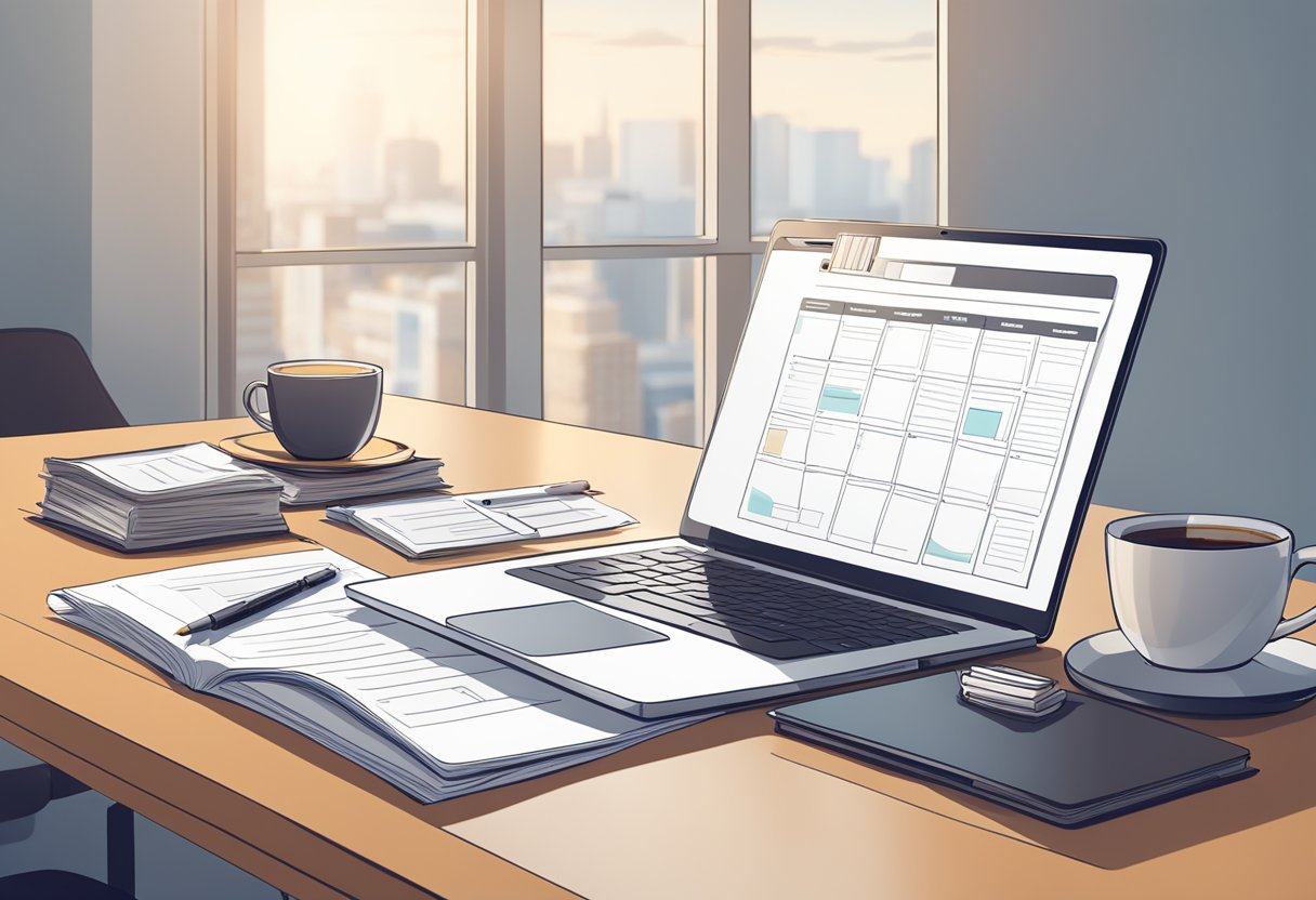 A laptop and a stack of legal documents sit on a desk, with a calendar and a cup of coffee nearby. The room is well-lit and organized, creating a professional work-from-home environment