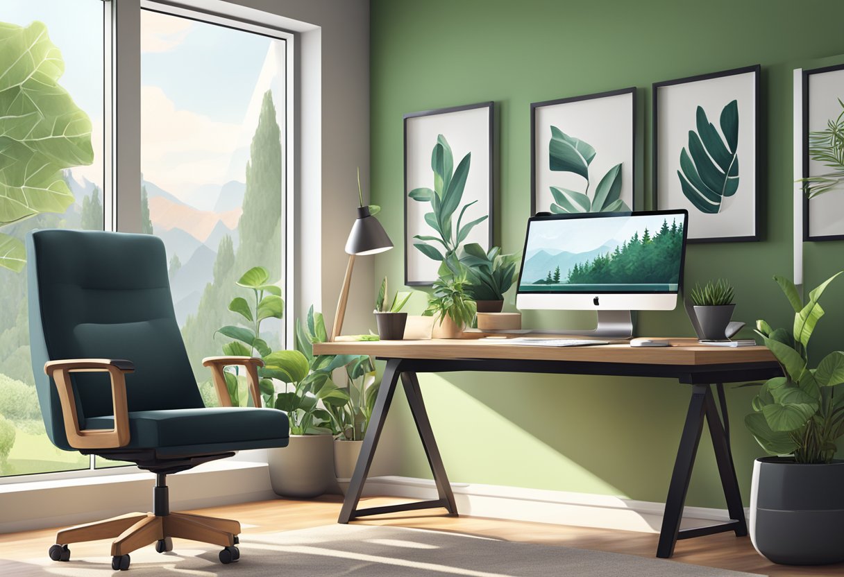 A cozy home office with a modern desk, computer, and ergonomic chair. Large windows allow natural light to fill the room, and a lush green plant adds a touch of nature