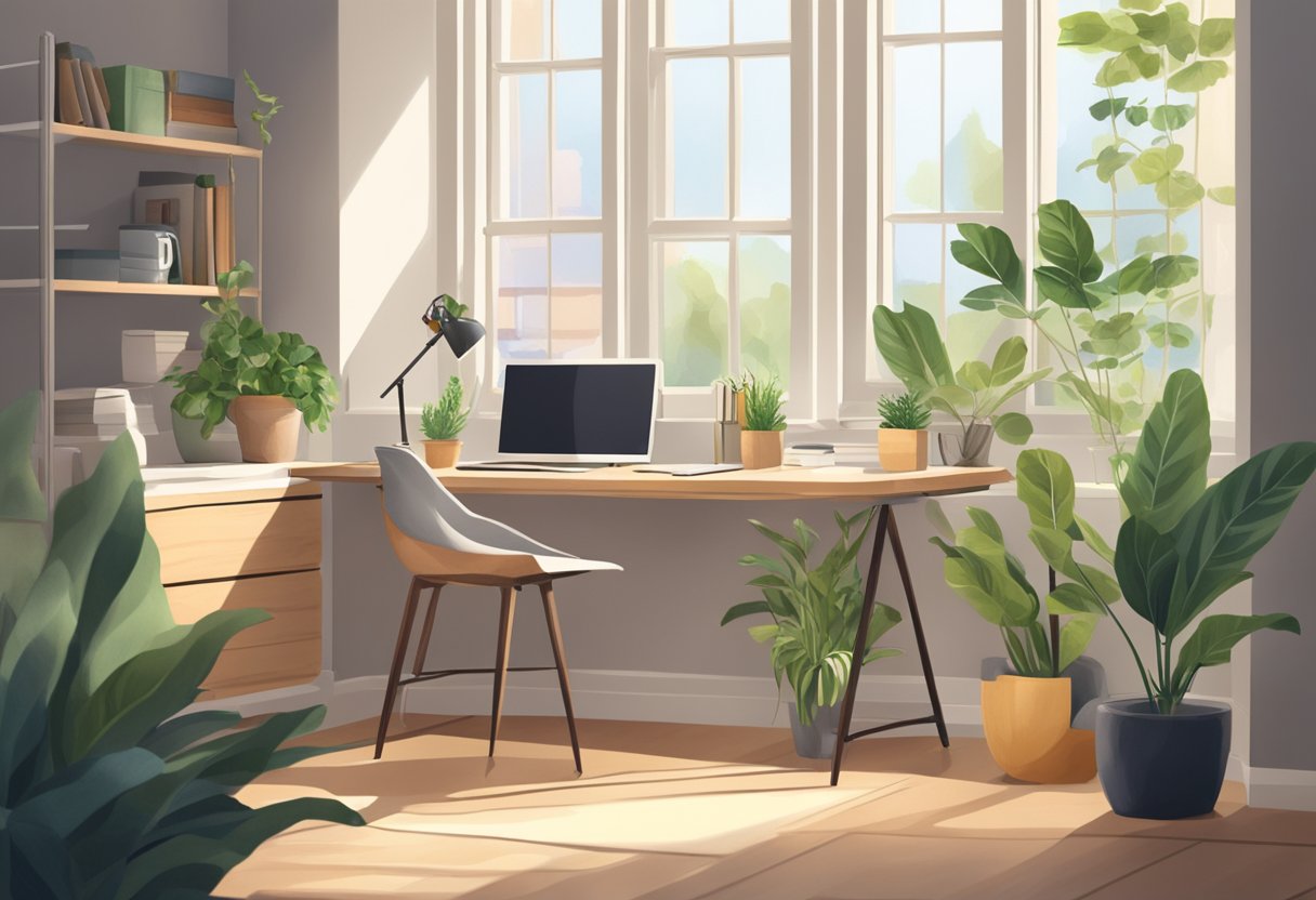 A cozy home office with a desk, computer, and comfortable chair. Natural light streams in through a window, and plants add a touch of greenery. A mug of coffee sits on the desk