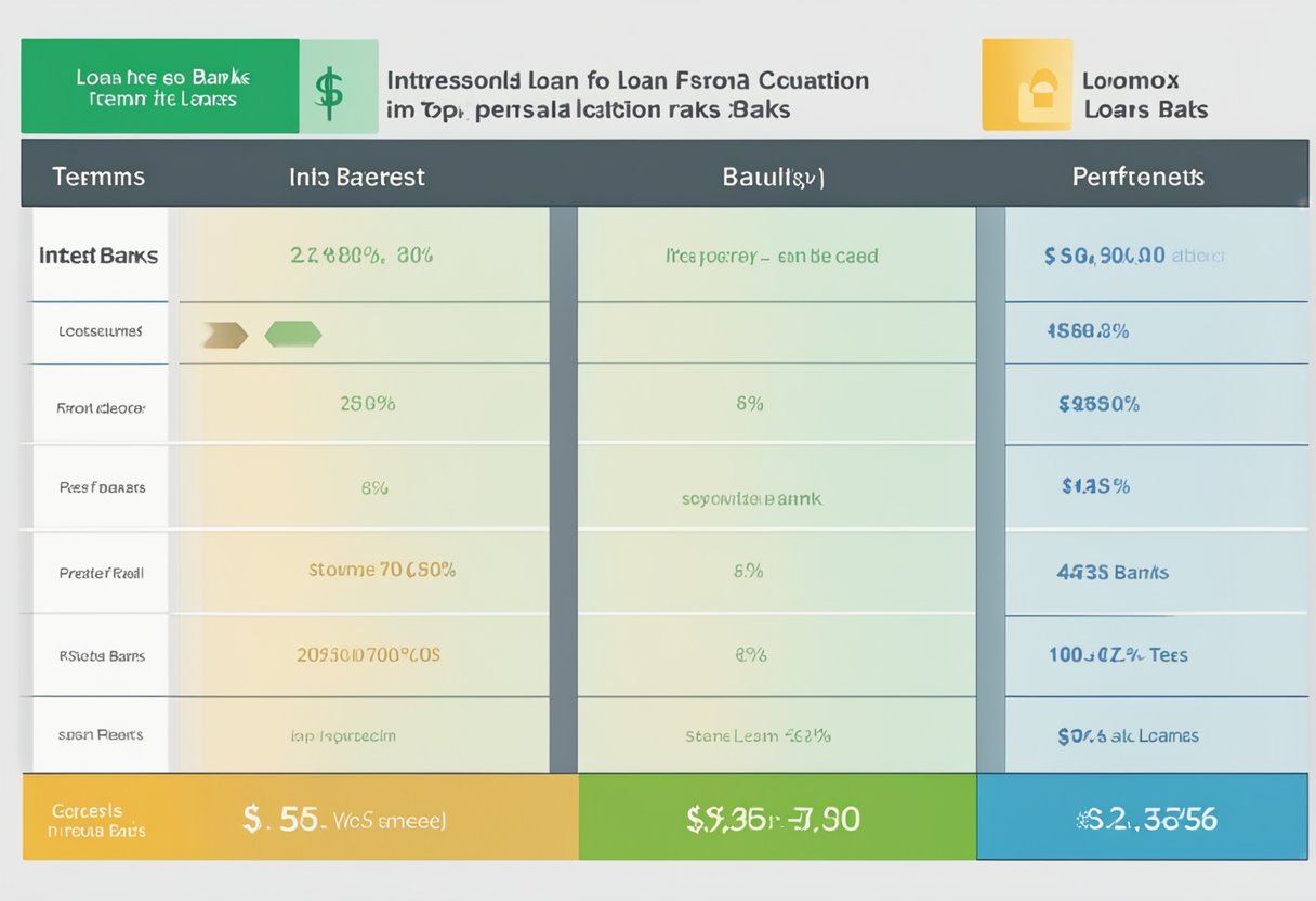 A comparison chart showing loan conditions for personal loans from the top 5 banks, with labeled columns for interest rates, terms, and fees
