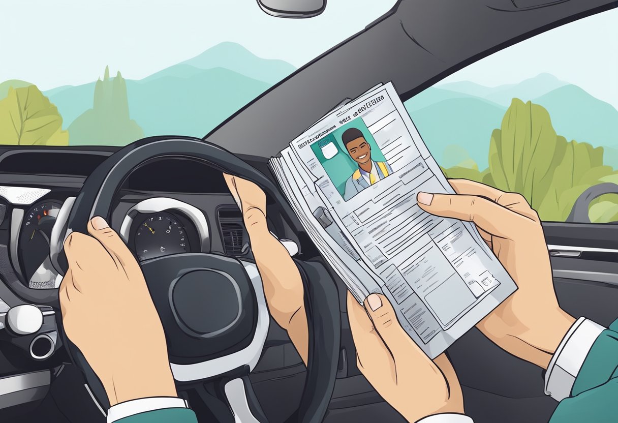 A new driver holds a provisional driver's license, studying a handbook while seated in a car