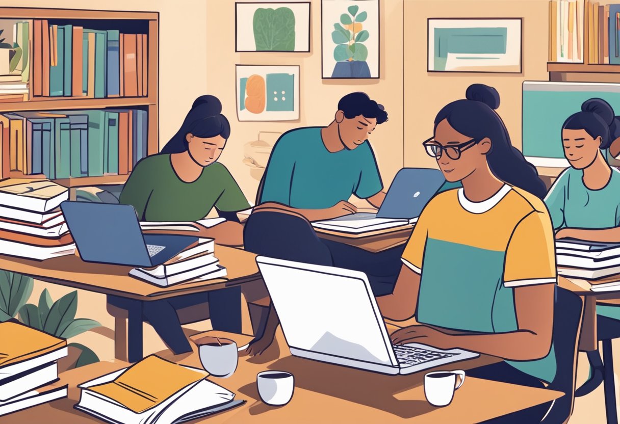 Students accessing laptops at home, surrounded by books and notes, with an online class on the screen