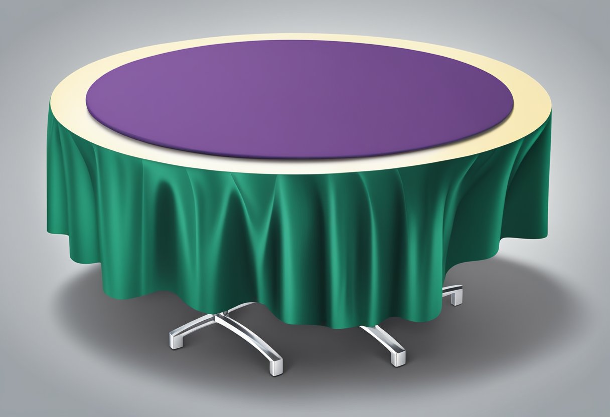 A round trade show table with a fitted cover in a vibrant color, neatly draped and showcasing a professional and polished appearance