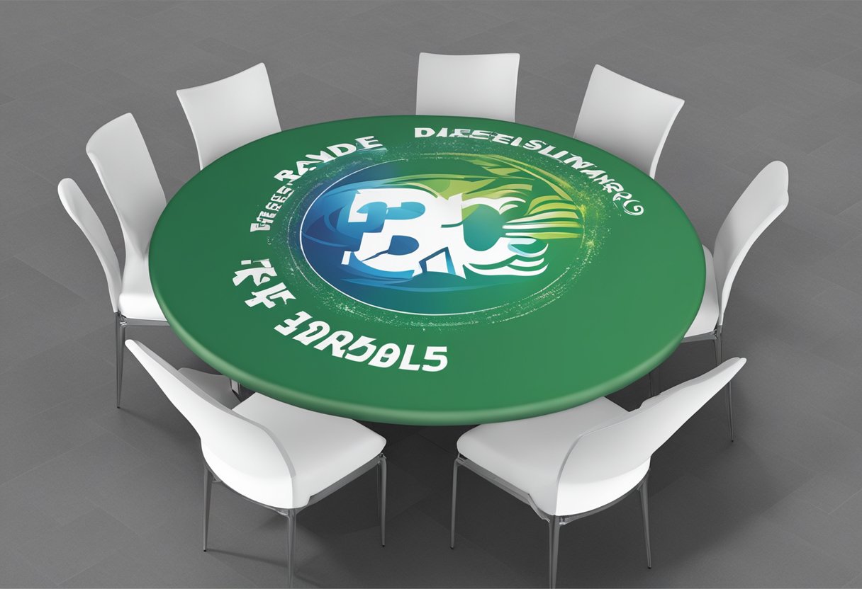 A designer customizes a round trade show table cover with logos and graphics for a professional and polished look