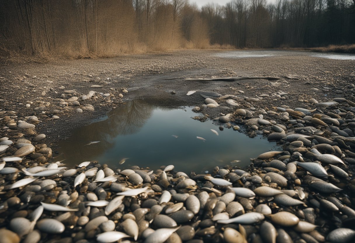 A polluted water source with dead fish and contaminated surroundings