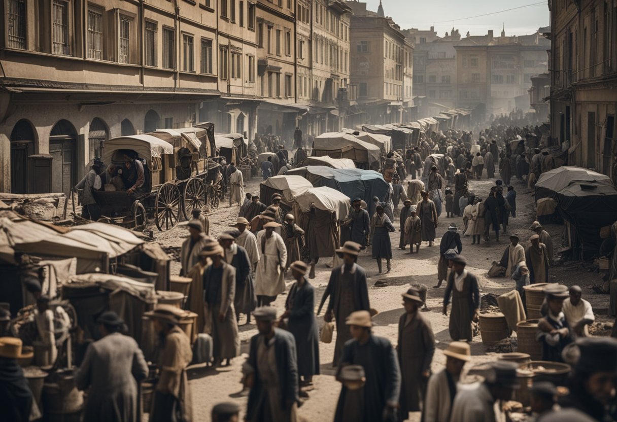 A crowded 19th-century city street with contaminated water sources and people suffering from cholera symptoms