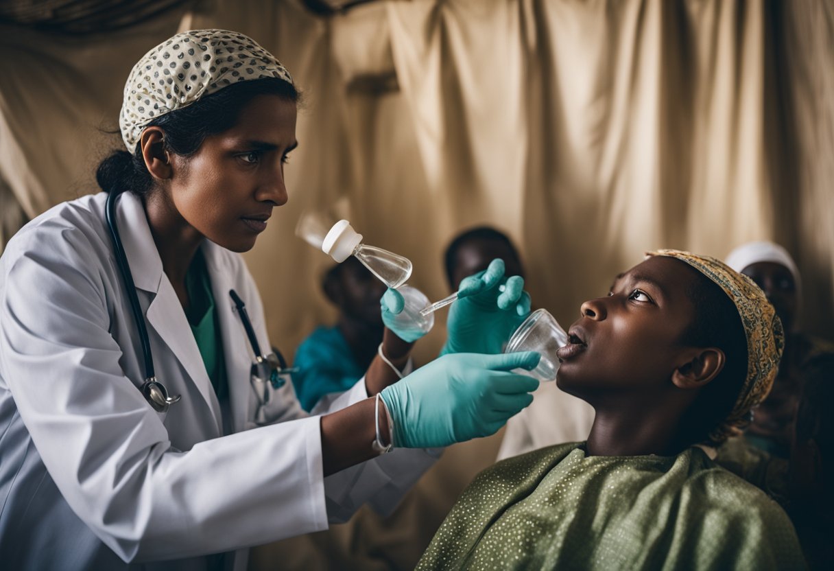 A doctor administers oral rehydration solution to a cholera patient in a makeshift clinic