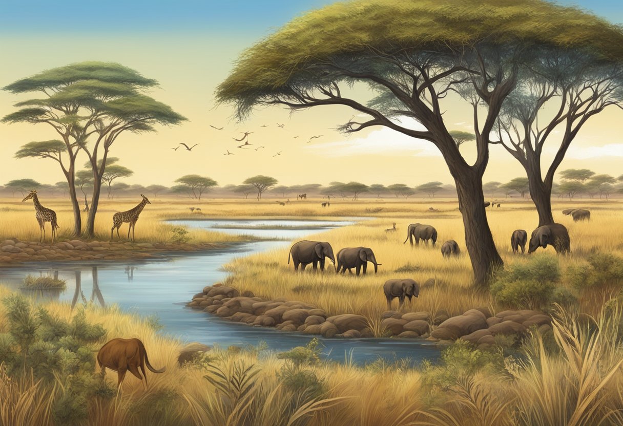 A savanna landscape with a variety of wildlife species grazing, drinking at a waterhole, and moving through the grasslands