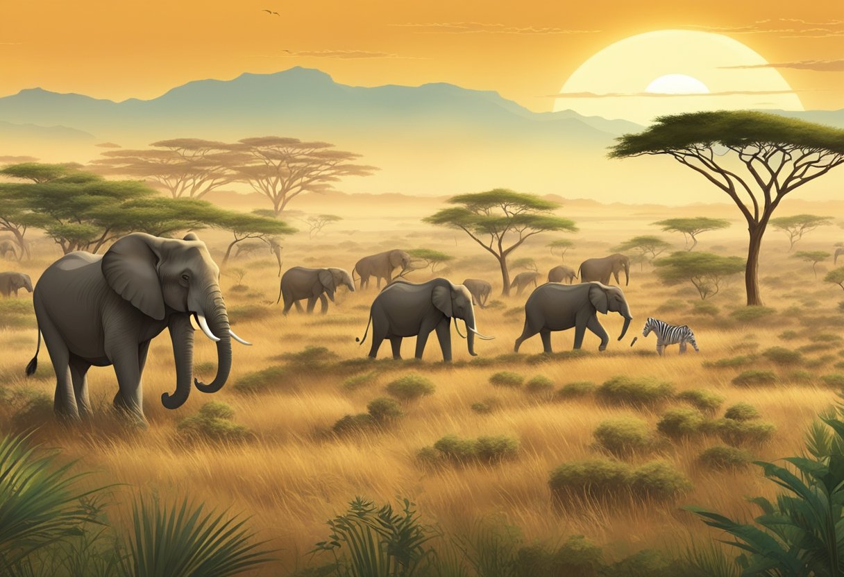 A vast savanna with diverse wildlife roaming freely. Elephants, lions, giraffes, and zebras coexist in their natural habitat, showcasing the importance of conservation efforts