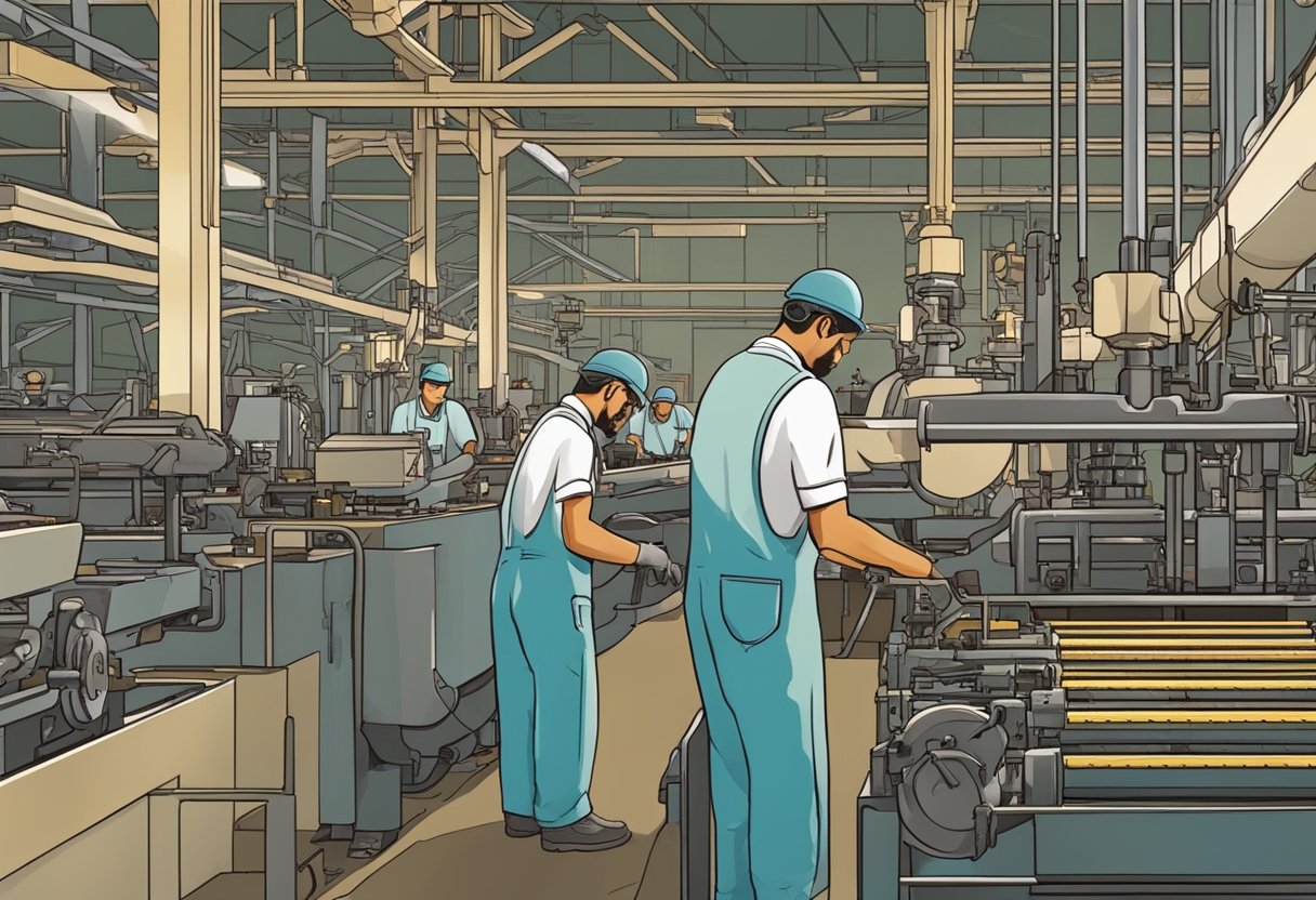 Moroccan factory workers operate machinery in a bustling manufacturing plant