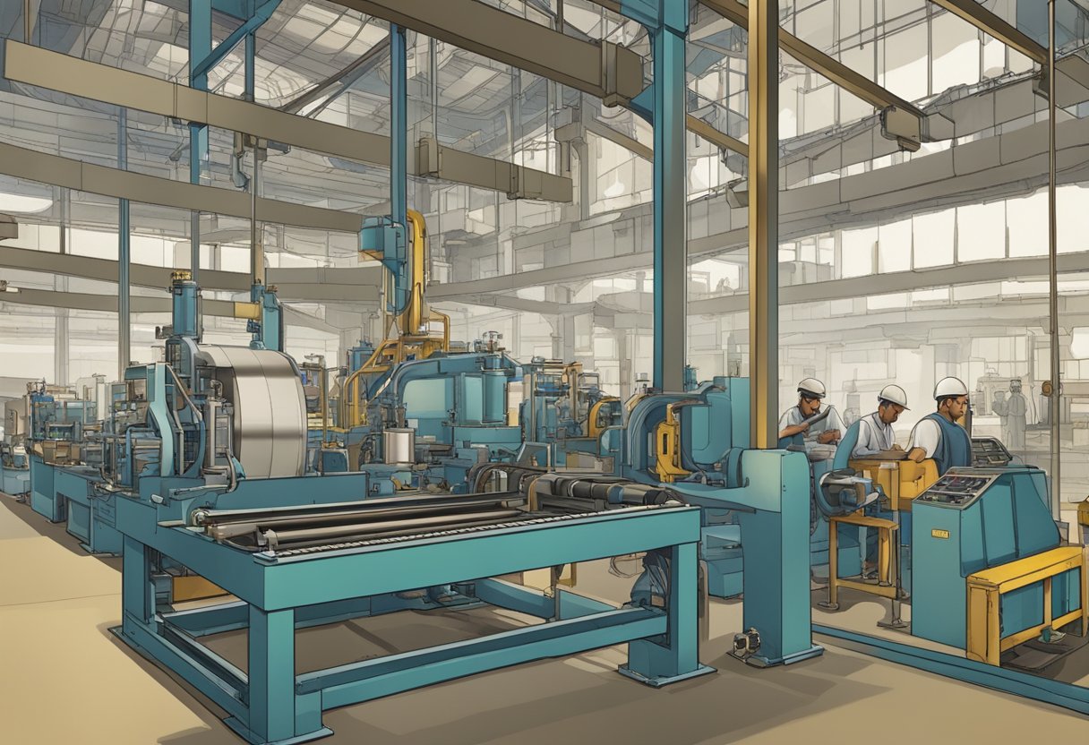 The scene depicts a bustling manufacturing sector in Morocco, with factories and machinery in operation, showcasing the country's efforts to stimulate investment in production