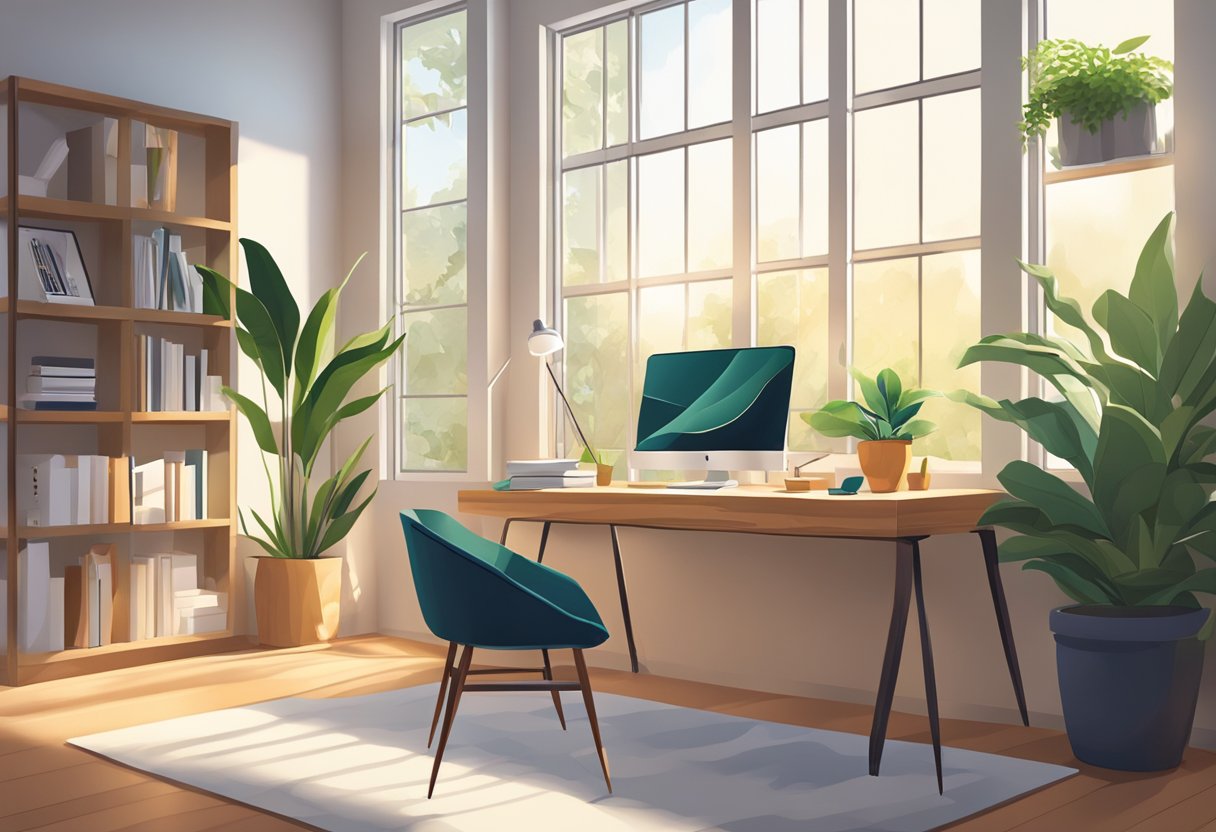 A cozy home office with a modern desk, computer, and comfortable chair. Sunlight streams in through a window, and a plant adds a touch of greenery