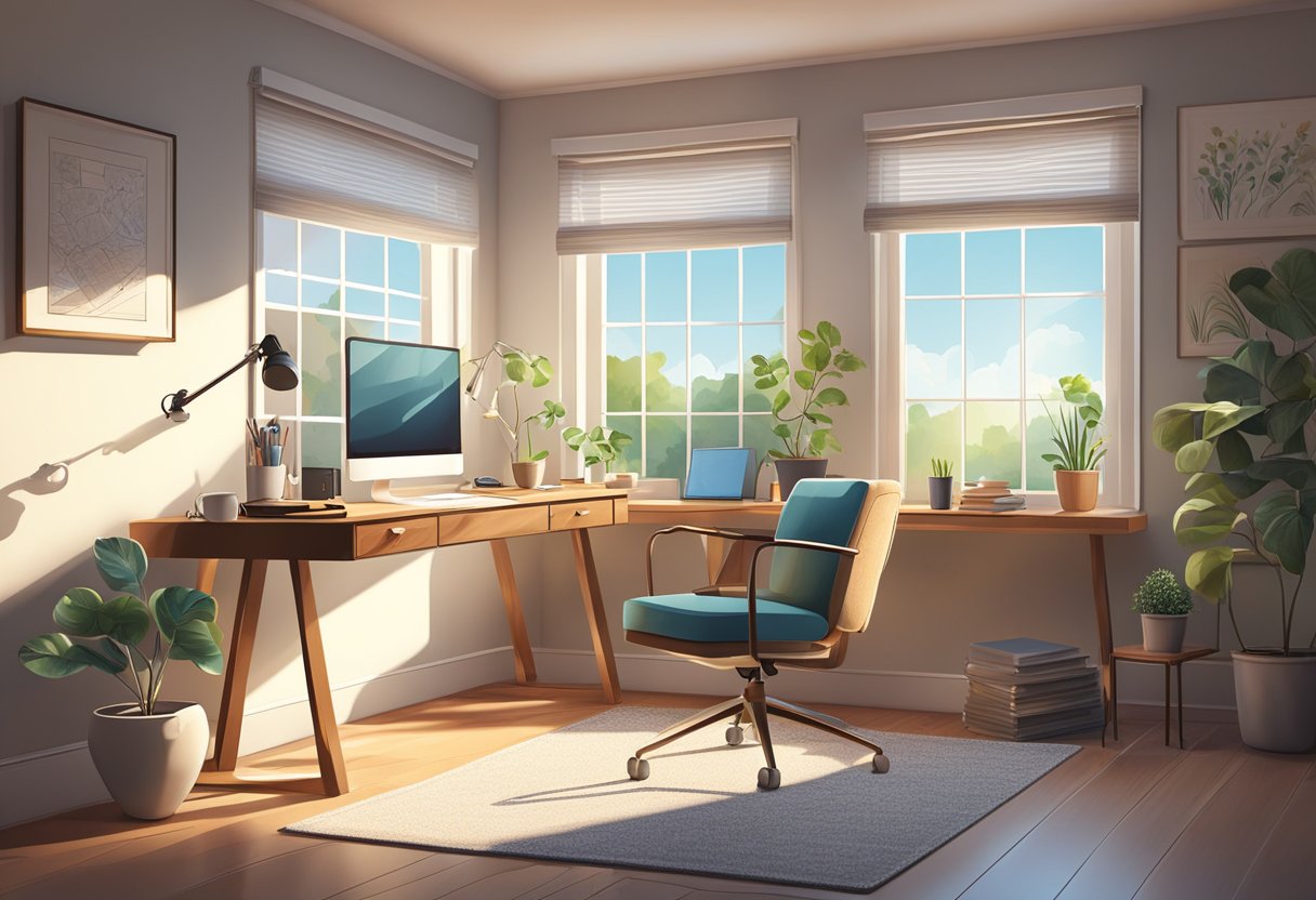 A cozy home office with a computer, desk, and comfortable chair. Natural light streams in through a window, creating a peaceful and productive atmosphere for remote work