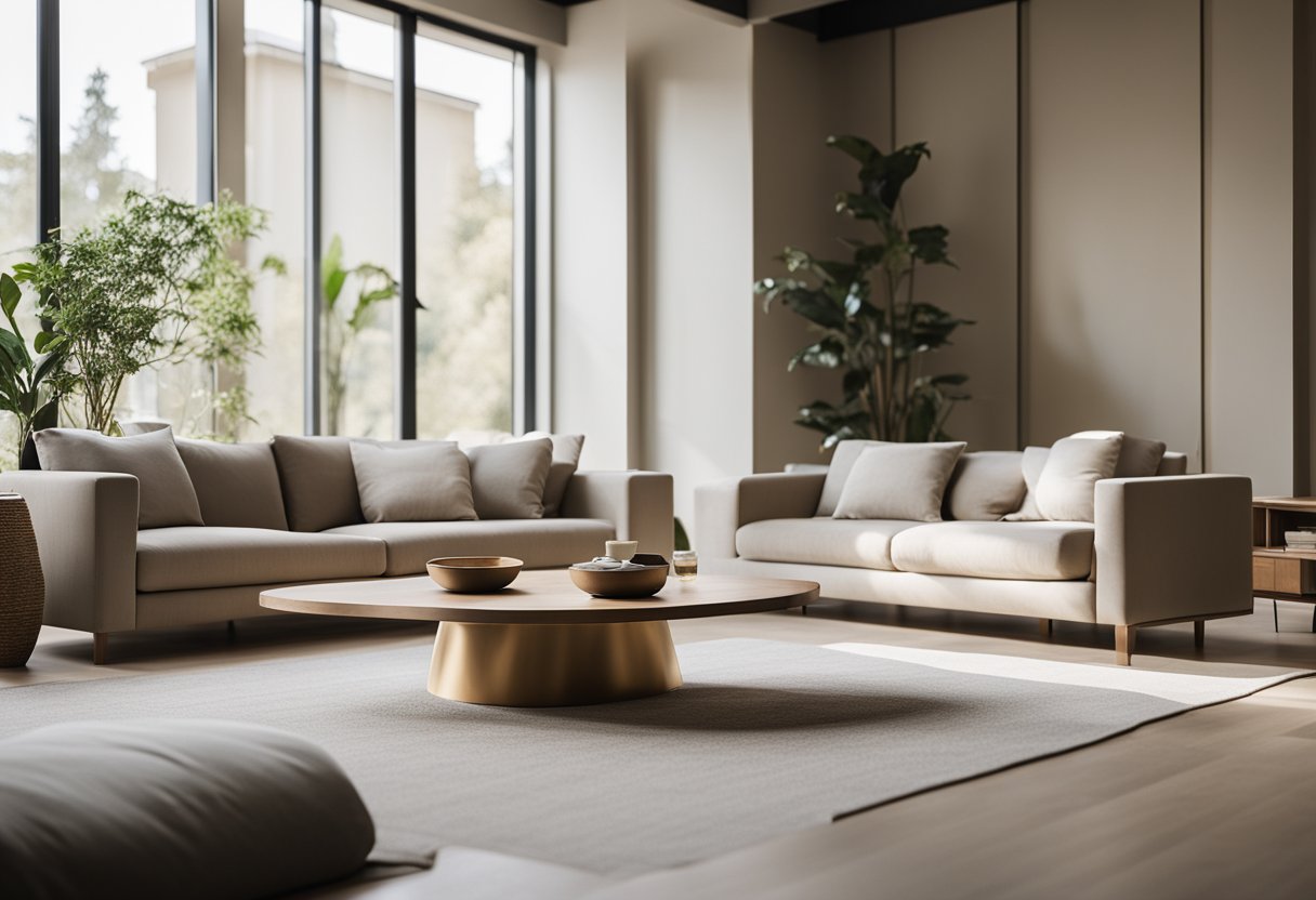 A serene Zen interior with minimalistic furniture, natural lighting, and a neutral color palette