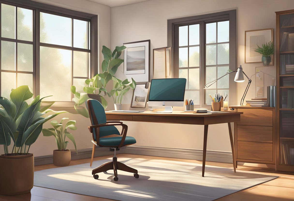 A cozy home office with a desk, computer, and comfortable chair. Natural light streams in through the window, creating a peaceful and productive atmosphere