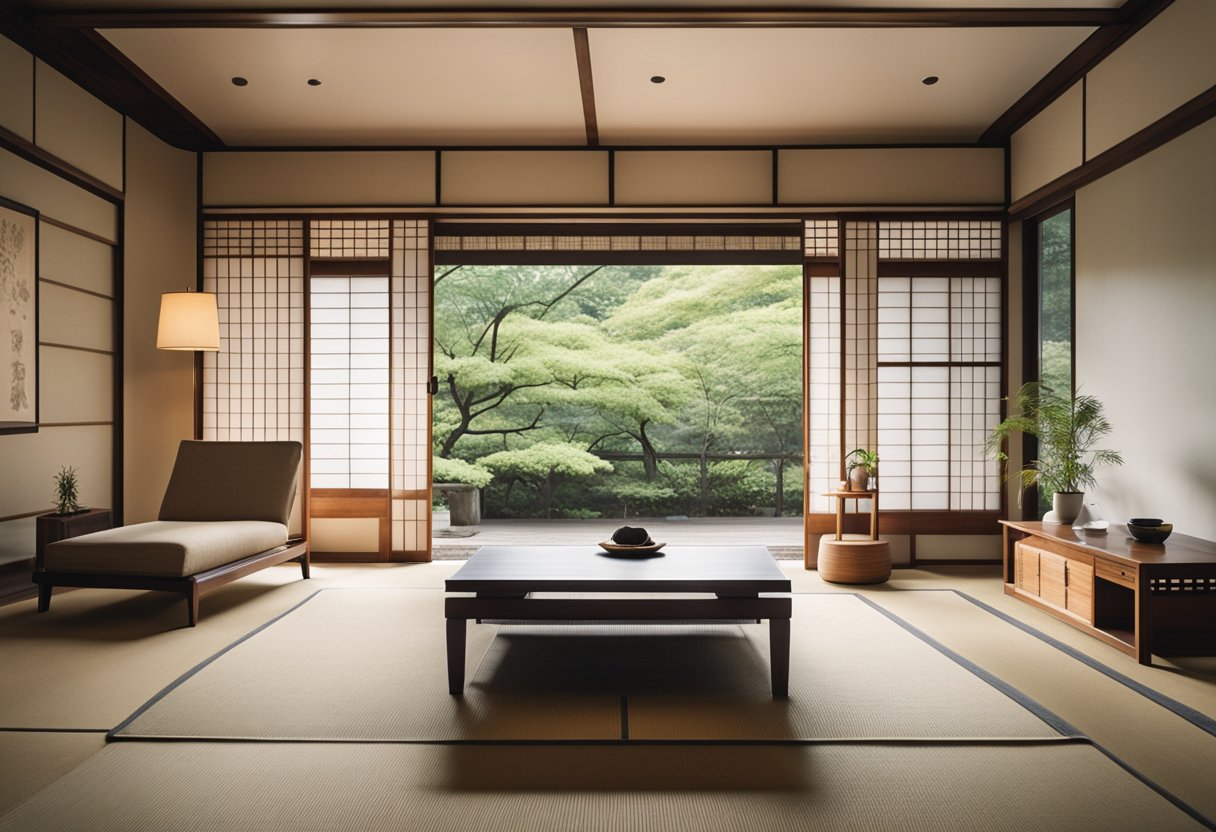 A minimalist room with natural light, clean lines, and simple furniture, adorned with traditional Japanese elements and a serene color palette
