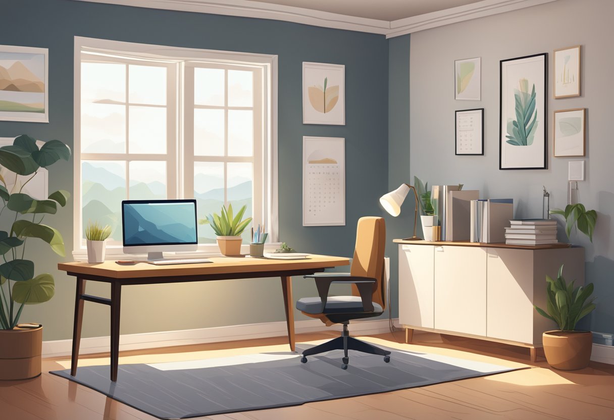 A cozy home office with a computer, desk, and chair. A calendar on the wall shows the year 2024. The room is filled with natural light from a window, creating a peaceful work environment