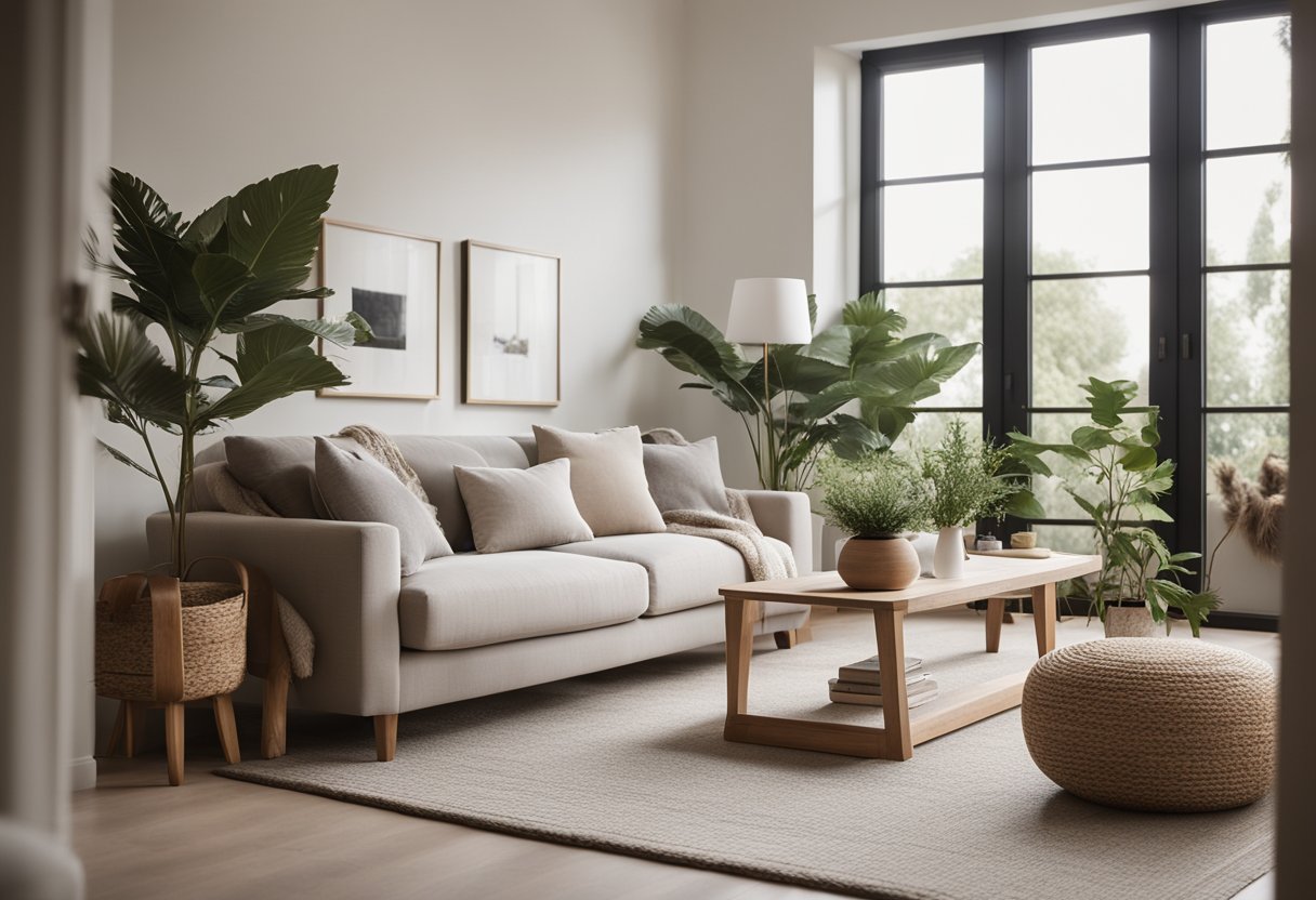A serene living room with minimal furniture, soft lighting, and natural elements like plants and wood. A neutral color palette and uncluttered space create a calming atmosphere