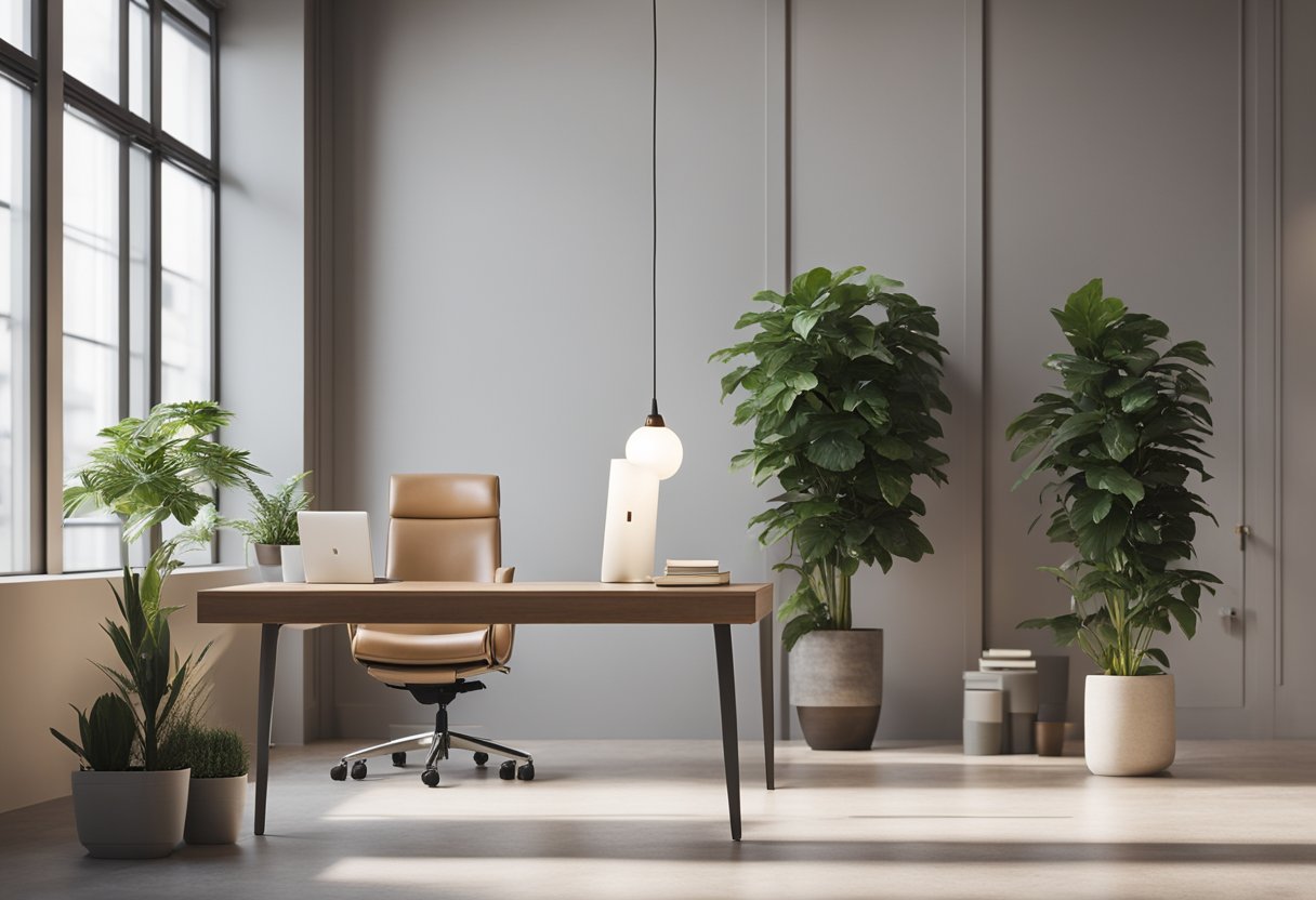 A serene, minimalist office space with clean lines, natural materials, and a calming color palette. A large potted plant and soft, indirect lighting create a peaceful ambiance